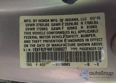 2015 Honda Civic Ex-L from USA, damaged, VIN 19XFB2F99FE090027